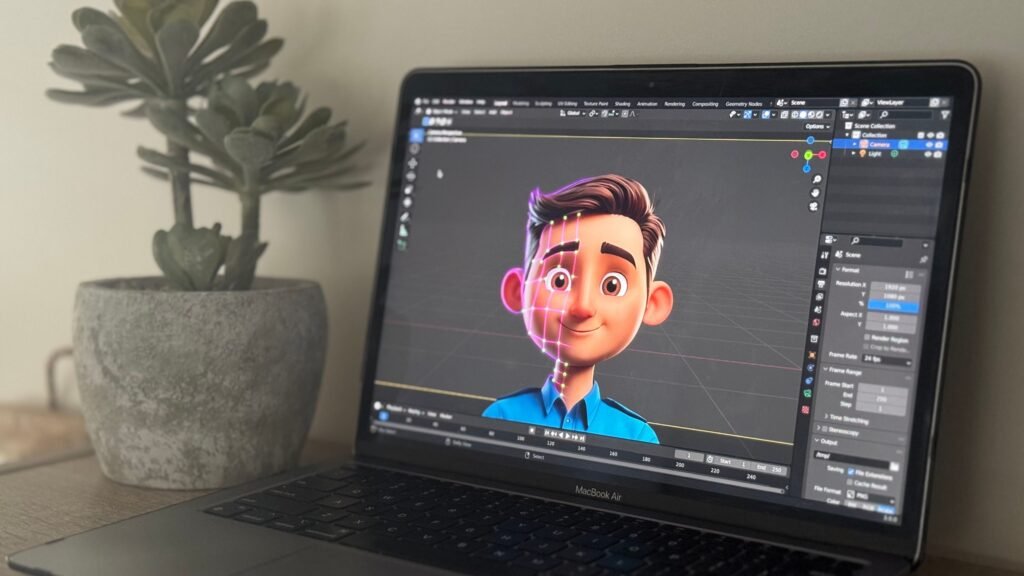 Laptop displaying 3D animation in a creative workspace