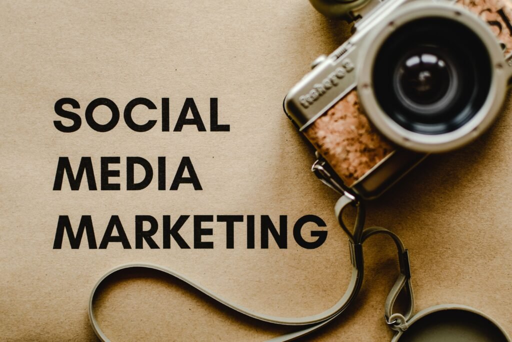 Social media marketing concept with vintage camera